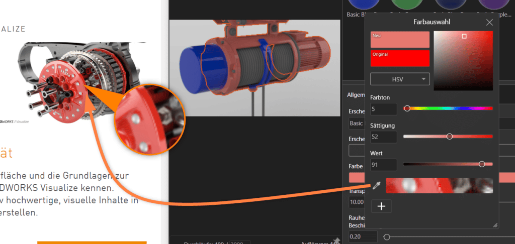 Rendering von Deckenkran SOLIDWORKS Visualize - Farbauswahl - Rendering-Tipps