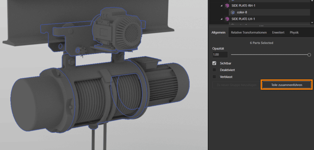 Rendering von Deckenkran SOLIDWORKS Visualize - Teile zusammenführen - Rendering-Tipps