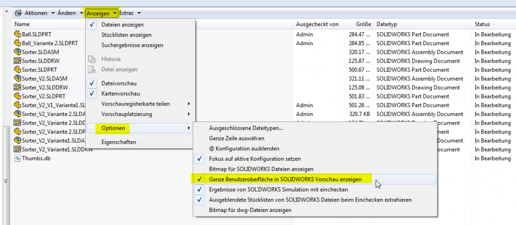 Vorschau Konfigurationen eDrawings PDM - Screenshot Anzeige PDM