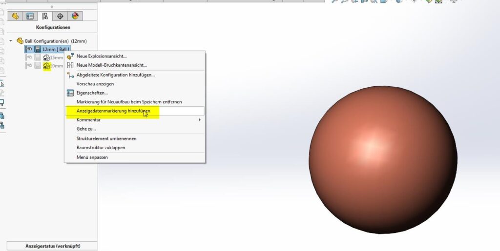 Vorschau Konfigurationen eDrawings PDM - Screenshot Anzeigendatenmarkierung hinzufügen