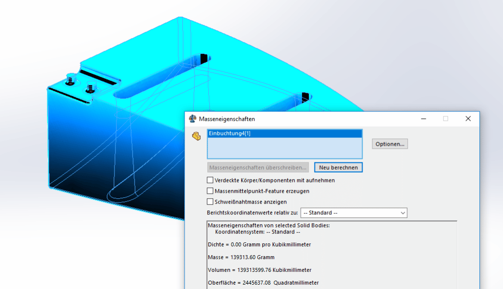 Screenshot Messwerte - Volumenermittlung SOLIDWORKS