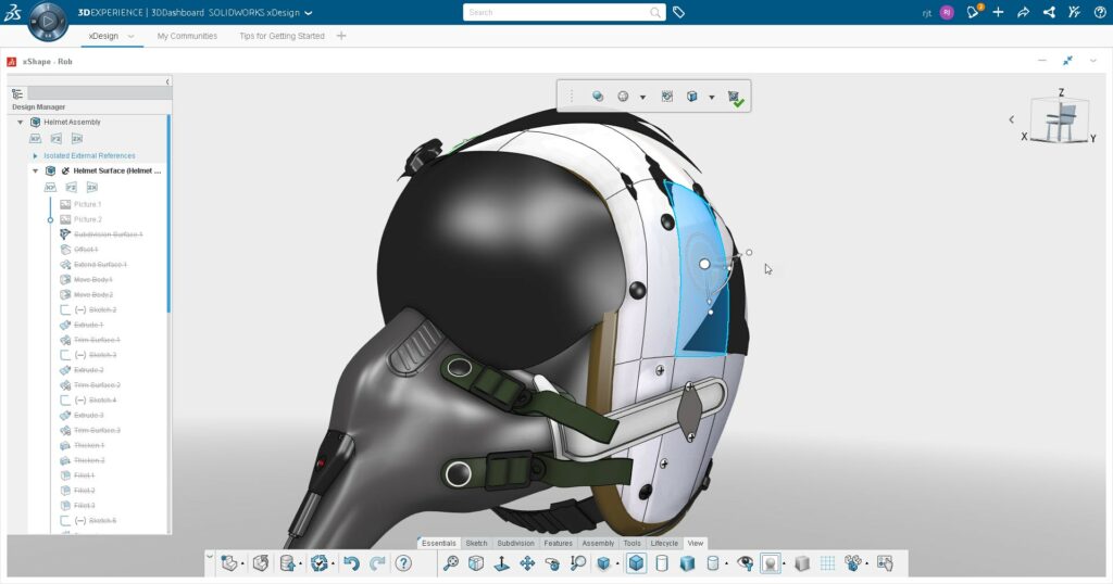 Screenshot 3DEXPERIENCE Plattform 3D Creator - Konstruktion eines Jet-Helmes
