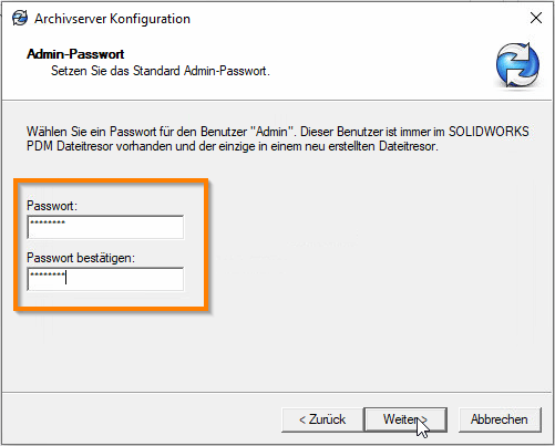 Screenshot Installation SOLIDWORKS PDM Standard Server - Adminpasswort