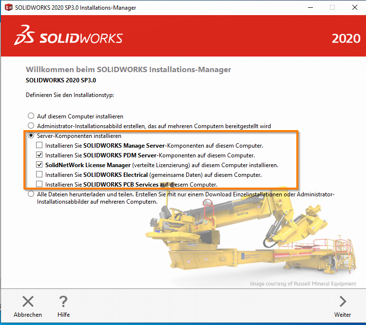 Screenshot Installation SOLIDWORKS PDM Standard Server - Auswahlbox Installation