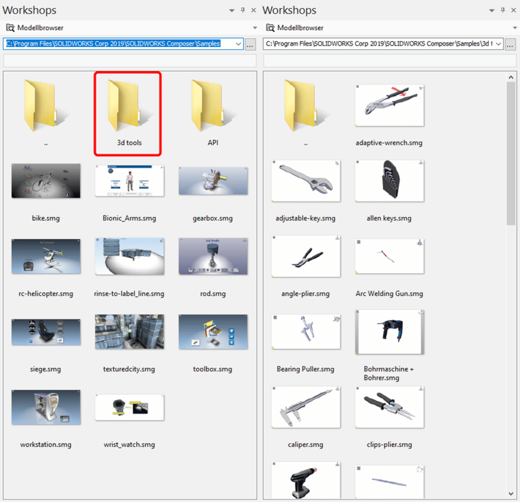 Werkzeuge in SOLIDWORKS Composer einfügen - Screenshot Modellbrowser 3D-Tools