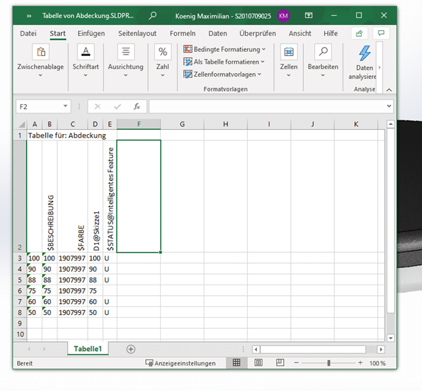 Eigene SOLIDWORKS Teile in Toolbox einfügen - Screenshot Excel Tabelle