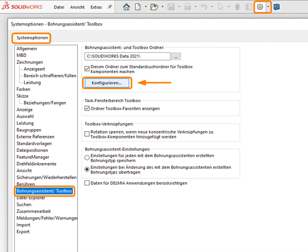 Eigene SOLIDWORKS Teile in Toolbox einfügen - Screenshot Systemoptionen