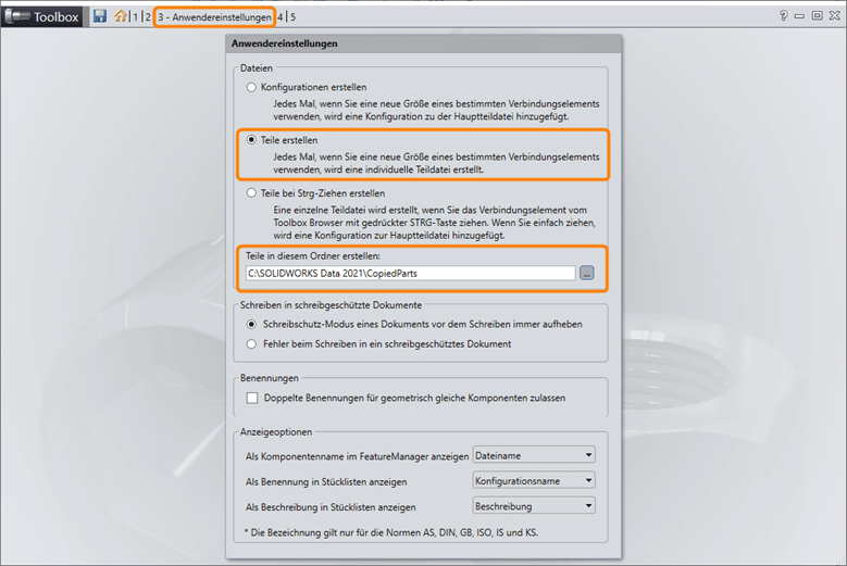 Eigene SOLIDWORKS Teile in Toolbox einfügen - Screenshot copied Parts