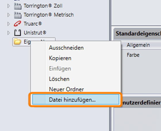 Eigene SOLIDWORKS Teile in Toolbox einfügen - Screenshot Datei Norm hinzufügen