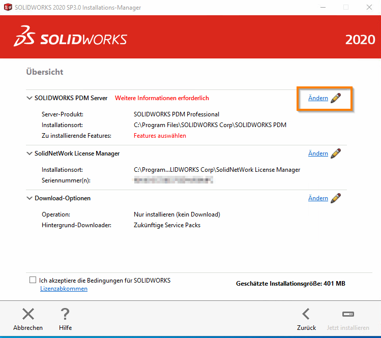 Screenshot Installation SOLIDWORKS PDM Standard Server - Installation konfigurieren