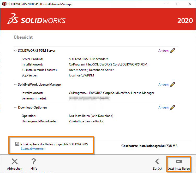 Screenshot Installation SOLIDWORKS PDM Standard Server - Lizenzvereinbarung Installation