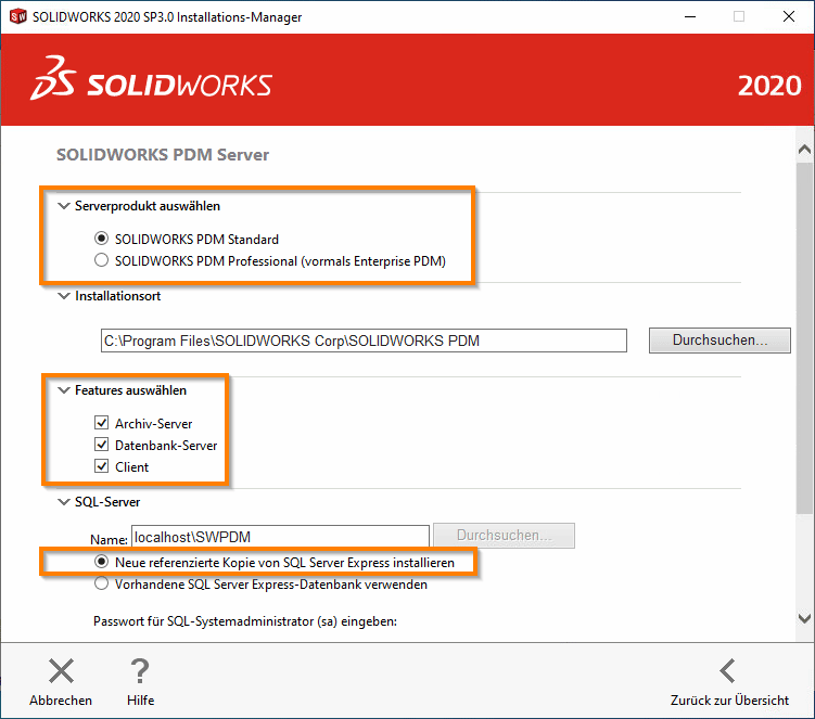 Screenshot Installation SOLIDWORKS PDM Standard Server - Auswahl Optionen