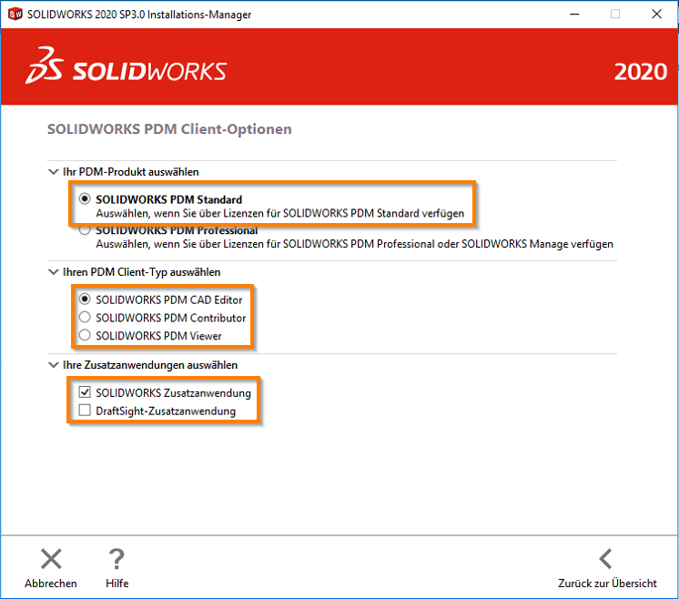 Screenshot Installation SOLIDWORKS PDM Standard Client - Produkt wählen