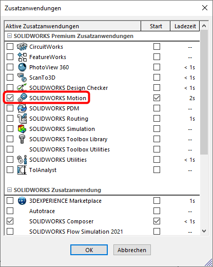 Bewegungsanalyse SOLIDWORKS Motion - Aktivierung