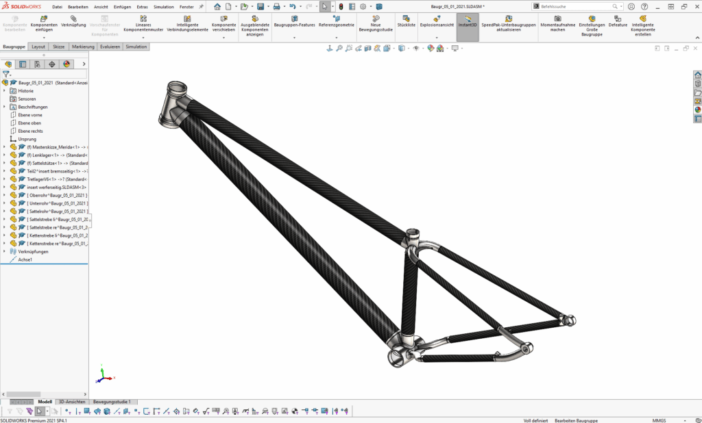 Fahrradrahmen Metall 3D-Druck Karbonrohre - Screenshot Rahmen in SOLIDWORKS 