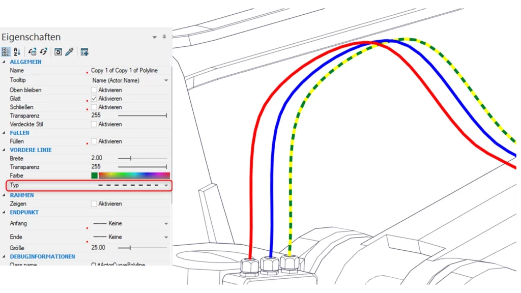 Leitungen_SOLIDWORKS_Composer_erstellen_verschiedene_Farben_strichliert